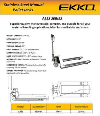 EKKO A25S Stainless Steel Manual Pallet Jack
