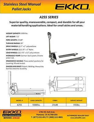EKKO Lifts A25S stainless pallet jack shown from an alternate angle