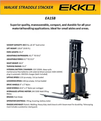 EKKO EA15B Semi-Electric Straddle Stacker