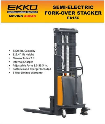 The EKKO EA15C Semi-Electric Fork-Over Stacker is designed with the combination of the versatility of forklift and a pallet stacker. It is ideal for loading and unloading trucks, loading docks, stock rooms, manufacturing floors and warehousing.      Made from high quality steel and components with durable quality drives to withstand any terrain, usage, impact and directional changes for the use of any application with confidence and assu     Load Capacity 3300lbs.  Raised Height 119.3" (9.95ft) Fork Length 45.3" Power Lifting Manual Drive Adjustable Forks Internal Charger 12V/20A Included Battery 12V 120Ah Included Ergonomic Handle  Steel Construction Robotic Welding 3 Years Limited Warranty EKKO EA15C Semi-Electric Fork-Over Stacker
