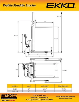 EKKO Lifts EB12E-138 pallet stacker shown from an alternate angle