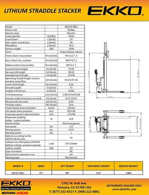EKKO Lifts EB12E-98Li pallet stacker shown from an alternate angle