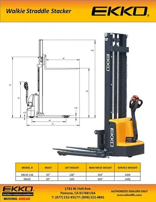 EKKO Lifts EB13E-138 pallet stacker shown from an alternate angle