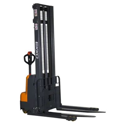 Full Powered Straddle Stacker EB14C-138, 3,000 lbs. Capacity Front Ride Side View