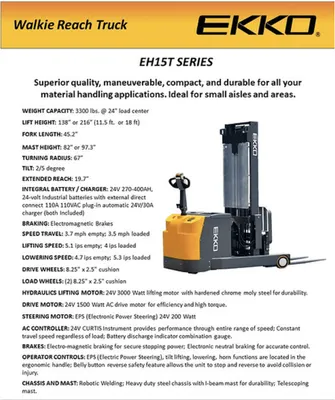 EKKO EH15TH Electric Moving Mast Walkie Reach Truck