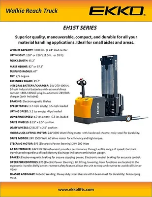 EKKO Lifts EH15TH pallet stacker shown from an alternate angle