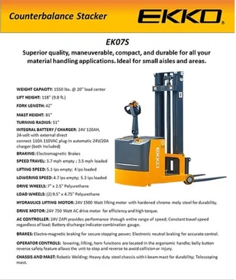 EKKO EK07S Electrical Counterbalance Walkie Stacker