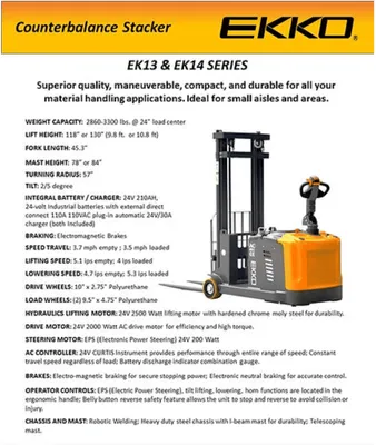 EKKO EK14-130 Electric Counterbalanced Walkie Stacker