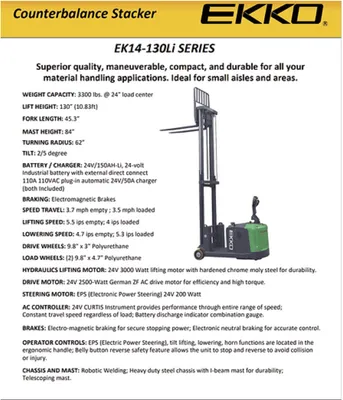 EKKO EK14-130Li Electric Counterbalanced Walkie Stacker