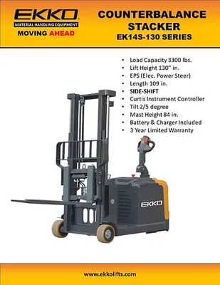 EKKO Lifts EK14S-130 pallet stacker shown from an alternate angle