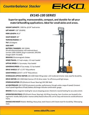 EKKO Lifts EK14S-130 pallet stacker shown from an alternate angle