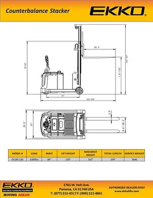 EKKO Lifts EK14S-130 pallet stacker shown from an alternate angle