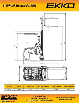 EKKO Lifts EK15A forklift shown from an alternate angle