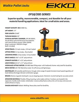 EKKO Lifts EP20D pallet jack shown from an alternate angle
