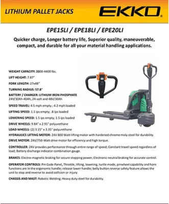 EKKO Electric Lithium Iron Phosphate EPE18LI Pallet Jack