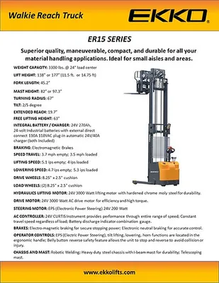 EKKO Lifts ER15 pallet stacker shown from an alternate angle
