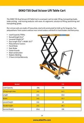 EKKO Lifts T35 manual lift table shown from an alternate angle