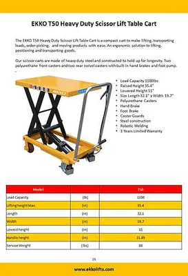 EKKO Lifts T50 manual lift table shown from an alternate angle