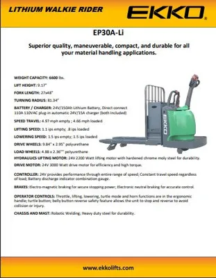 Lithium Rider Pallet Jack EP30A-LI, 6,600 lbs. Capacity PDF 2