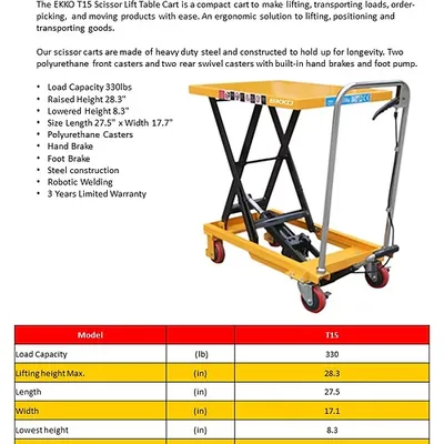 Scissor Lift Table Cart T15, 330 lb. Capacity