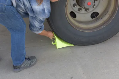 Vestil FAB-8-FYL wheel chock shown from an alternate angle