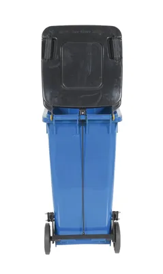 Vestil TH-32-BLU trash can shown from an alternate angle