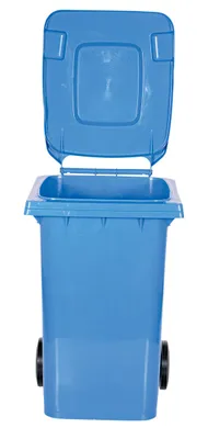 Vestil TH-95-BLU trash can shown from an alternate angle
