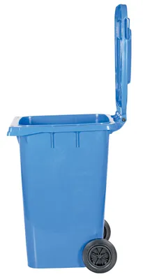 Vestil TH-95-BLU trash can shown from an alternate angle
