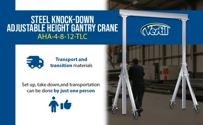 Vestil Aluminum Adjustable Height Gantry Crane with Total Locking Phenolic Casters 8 Ft. Wide x 12 Ft. Max Usable Height 4,000 Lb. Capacity Silver - product feature image