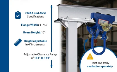 Vestil Aluminum Adjustable Height Gantry Crane with Total Locking Phenolic Casters 8 Ft. Wide x 12 Ft. Max Usable Height 4,000 Lb. Capacity Silver - product feature image