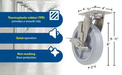 Vestil CST-E-SS-8X2TPR-SWB Thermoplastic Rubber Swivel With Brake Caster - product feature image