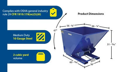 Vestil Steel Medium Duty Self Dumping Hopper 2 Cubic Yard 4000 Lb. Capacity Blue - product feature image
