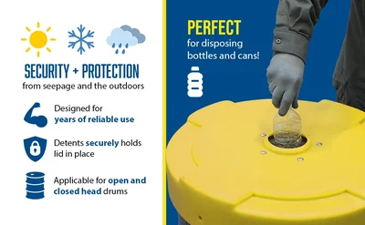 Vestil DC-P-55-CANF-YL Polyethylene Drum Recycling Lid with Flap - product feature image