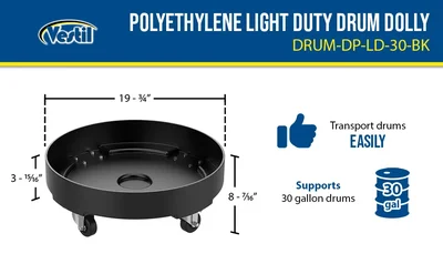 Vestil DRUM-DP-LD-30-BK Polyethylene Light Duty Drum Dolly - product feature image