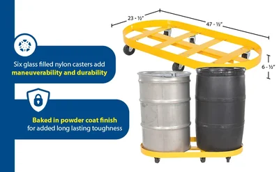 Vestil DRUM-X2-55-GFN Double Drum Dolly with Glass Filled Nylon Casters - product feature image
