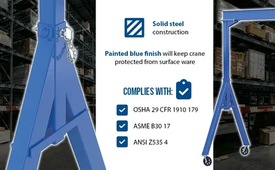 Vestil FHS-4-15-VG Steel Fixed Gantry Crane with V-Groove Cast Iron Casters - product feature image