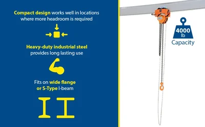 Vestil LOW-4P Steel Low Headroom Chain Hoist Push Trolley - product feature image
