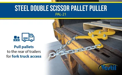 Vestil PAL-21 Steel Double Scissor Pallet Puller 4 In. Jaw Opening 5000 Lb. Pulling Capacity Yellow - product feature image