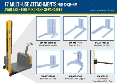 Vestil Steel Counter Balanced Powered Drive Narrow Mast Stacker 60" Lift 51-9/16"L x 25-9/16"W x 61-13/16"H 600 Lb. Capacity Black / Yellow - product feature image