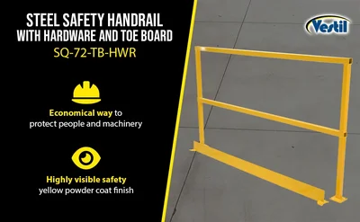 Vestil SQ-72-TB-HWR Steel Safety Handrail with Hardware and Toe Board - product feature image