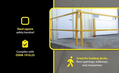 Vestil SQ-72-TB-HWR Steel Safety Handrail with Hardware and Toe Board - product feature image