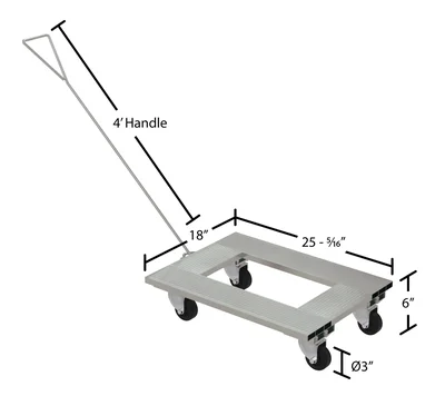 Vestil Aluminum Channel Dolly with Handle 18 In. x 24 In. Deck with Hard Rubber Casters 900 Lb. Capacity Silver - dimensional drawing