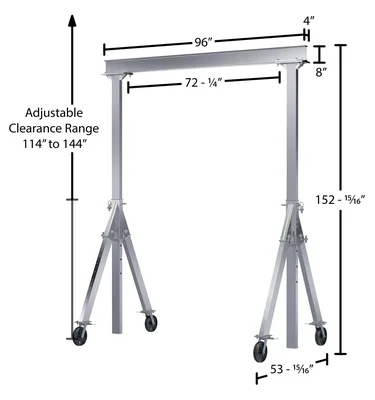 Vestil Aluminum Adjustable Height Gantry Crane with V-Groove Ductile Steel Casters 8 Ft. Wide x 12 Ft. Max Usable Height 4,000 Lb. Capacity Silver - dimensional drawing
