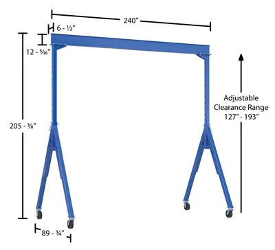 Vestil AHS-8-20-16-TLC Steel Adjustable Height Gantry Crane with Total Locking Phenolic Casters - dimensional drawing