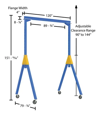 Vestil Steel Knock-Down Adjustable Height Gantry Crane with V-Groove Ductile Steel Casters 10 Ft. Wide x 12 Ft. Max Usable Height 4,000 Lb. Capacity Blue - dimensional drawing