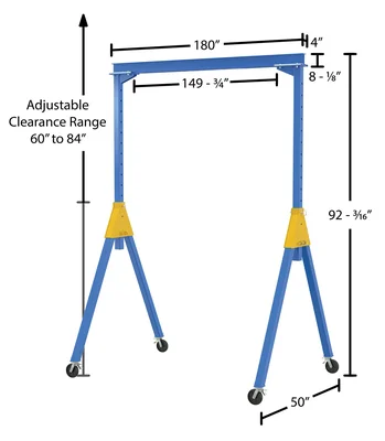 Vestil Steel Knock-Down Adjustable Height Gantry Crane with Total Locking Glass Filled Nylon Casters 15 Ft. Wide x 7 Ft. Max Usable Height 4,000 Lb. Capacity Blue - dimensional drawing