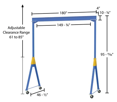 Vestil Steel Knock-Down Adjustable Height Gantry Crane with Total Locking Phenolic Casters 15 Ft. Wide x 7 Ft. Max Usable Height 8,000 Lb. Capacity Blue - dimensional drawing