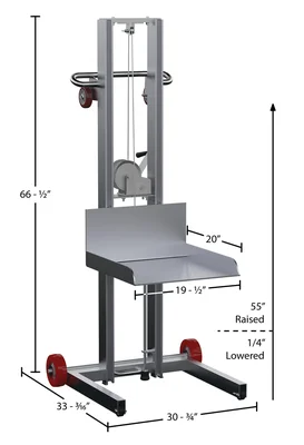 Vestil Aluminum Low Profile Lite Load Lift With Winch Fixed Wheels and Manual Floor Lock 20 In. x 20 In. Platform 400 Lb. Capacity Silver - dimensional drawing