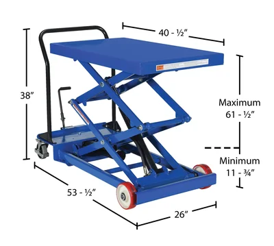 Vestil CART-1000-D-FR Steel Premium Double Scissor Lift Cart with Foot Release - dimensional drawing