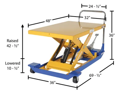Vestil Steel Foot Pump Powered Scissor Cart 48 In. x 32 In. 1500 Lb. Capacity Blue / Yellow - dimensional drawing